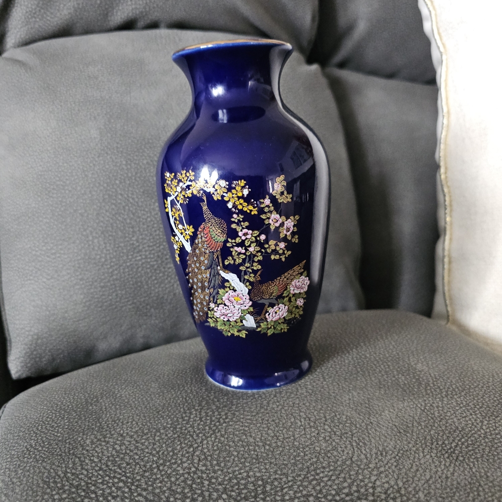 Vase paon japonais bleu cobalt doré vintage céramique 6 pouces super doux vase
